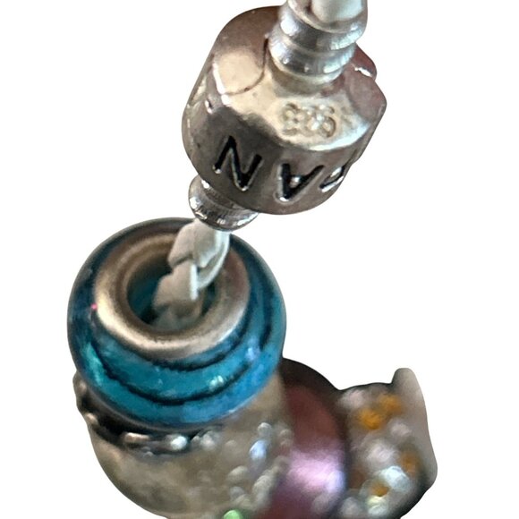 Pandora White Leather Charm Bracelet  Multicolor Beads Silver Dangling Accent - Picture 8 of 8